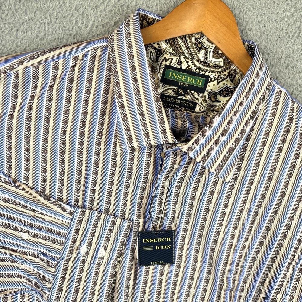 NEW Inserch Button Shirt Mens 5XL Blue Tan Stripe‎ Jacquard 100% Cotton Casual
